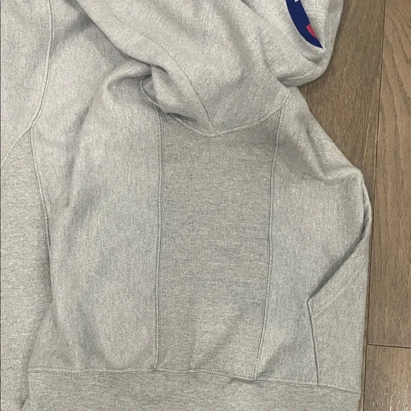 Champion Light Gray Hoodie 😍 Reverse Weave Flock Arm Script  Sweatshirt • Large - Picture 12 of 15